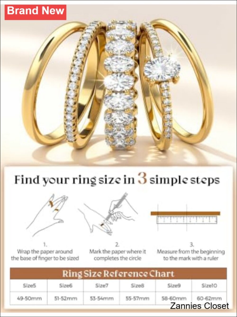 💍 14K Gold Plated Stackable Rings Cubic Zirconia Set - Picture 5 of 6